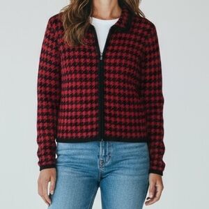 Paul Harris Design Wool Red Houndstooth Zip Cardigan Sweater Small Cottagecore